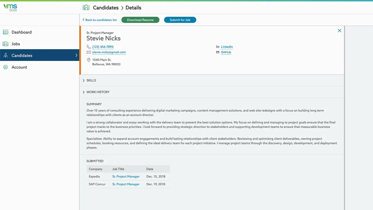 Screenshot of candidate detail view